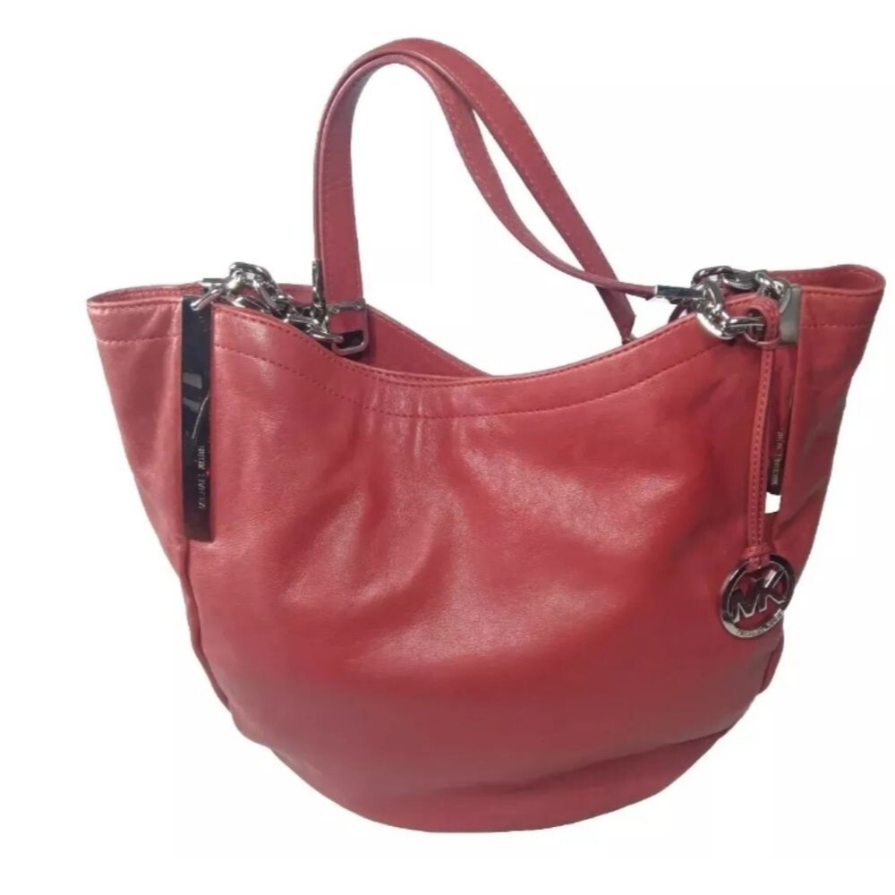 Michael Kors Chain Leather Shoulder Tote Red HandBag Gold Tone MK Charm
